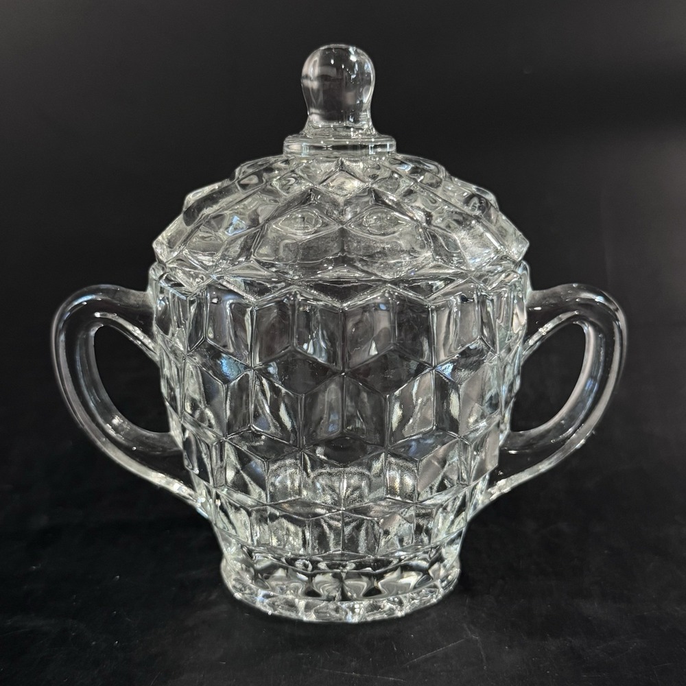 Vintage Fenton Cubist‎ Clear Glass Sugar Bowl W Handles & Lid